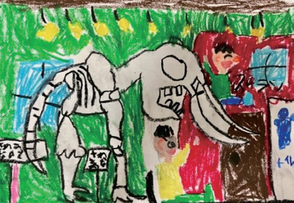 博物館でマンモスの骨格標本を見る様子を子どもが描いた絵