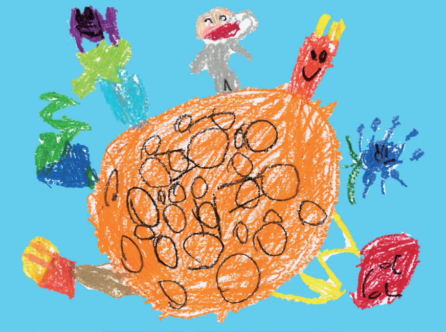 子どもがクレヨンで描いた、オレンジ色の大きな丸のまわりに色とりどりの生き物が集まる絵