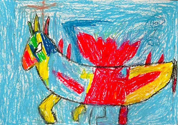 子どもがクレヨンで描いた、カラフルな動物の絵